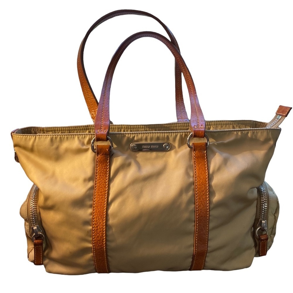 Miu Miu Prada tan nylon tote bag with brown leather accents